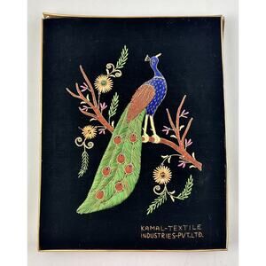 Vintage Peacock Embroidery Wall Art Framed Handmade Velvet Kamal Textile Branch